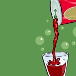 O imagine animată care prezintă suc de fructe efervescent turnat dintr-o sticlă într-un pahar înalt. Bulele se ridică din suc