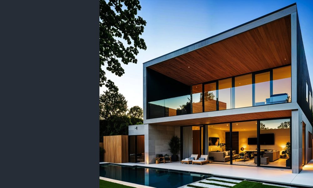 o casă modernă cu o piscină în curtea din spate. Casa are o formă geometrică simplă, cu linii drepte și unghiuri ascuțite. Fațada este realizată din materiale moderne, cum ar fi betonul, sticla și metalul. Casa are ferestre mari care permit luminii naturale să intre în interior.