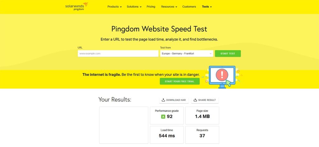 Pingdom webpage speed test