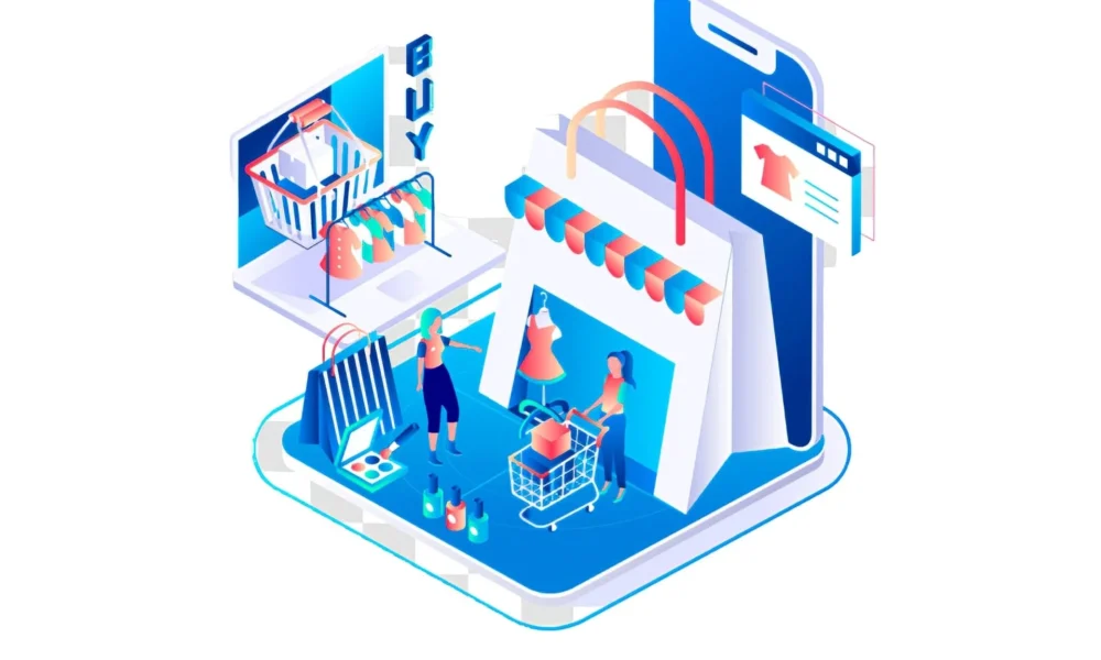 Ilustratie moderna care reprezinta conceptul de cumparaturi online si comert electronic, cu femei care fac shopping virtual intr-un magazin online 3D, cos de cumparaturi digital si aplicatie de e-commerce pe smartphone