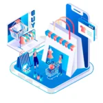 Ilustratie moderna care reprezinta conceptul de cumparaturi online si comert electronic, cu femei care fac shopping virtual intr-un magazin online 3D, cos de cumparaturi digital si aplicatie de e-commerce pe smartphone