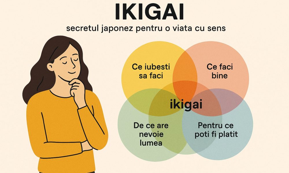 Ilustratie cu o femeie si cercuri care se intersecteaza formand ikigai