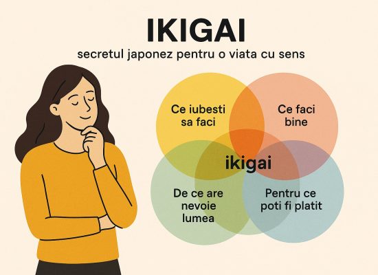 Ilustratie cu o femeie si cercuri care se intersecteaza formand ikigai