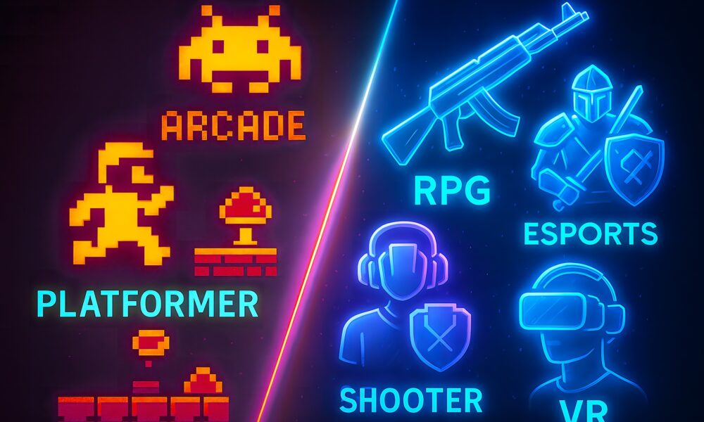 Imagine cu cele mai populare genuri de joc video, FPS, RPG, platformer
