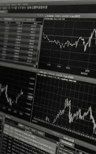 Ecran de computer afișând grafice financiare în timp real, cu indicatori de preț și volume.