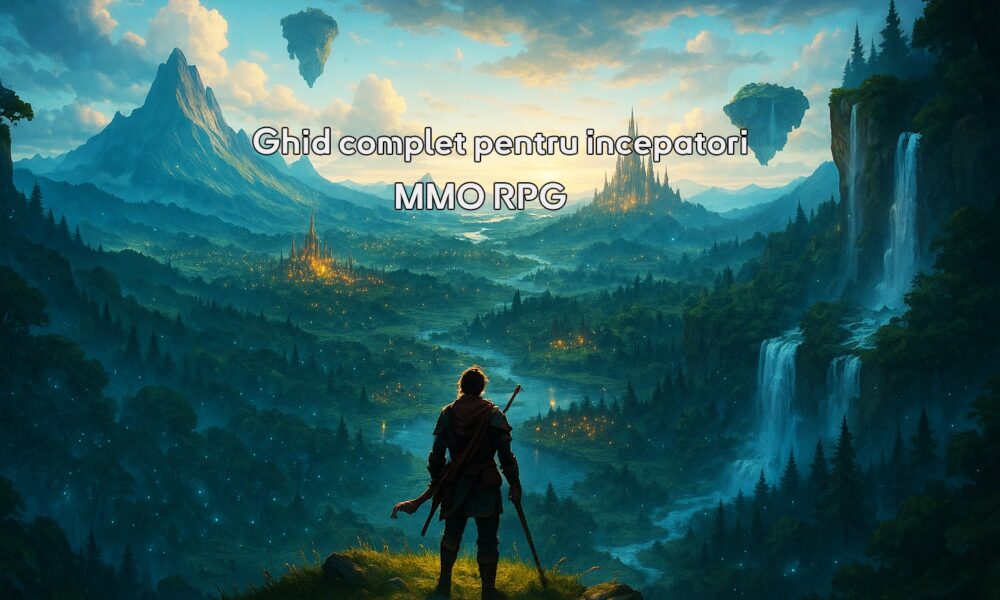 Un erou RPG singuratic stă pe un deal, privind către o lume fantastică vastă, cu orașe strălucitoare, păduri magice, cascade, munți impunători și insule plutitoare.
