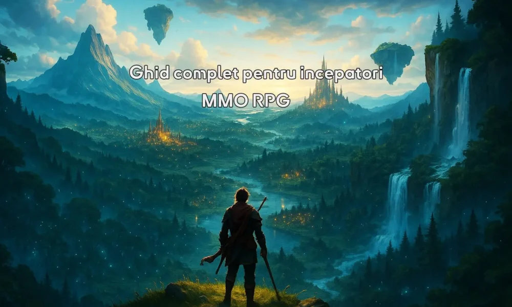 Un erou RPG singuratic stă pe un deal, privind către o lume fantastică vastă, cu orașe strălucitoare, păduri magice, cascade, munți impunători și insule plutitoare.