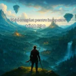 Un erou RPG singuratic stă pe un deal, privind către o lume fantastică vastă, cu orașe strălucitoare, păduri magice, cascade, munți impunători și insule plutitoare.