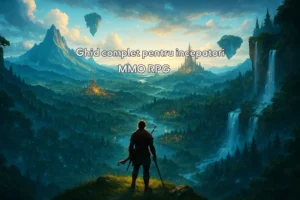 Un erou RPG singuratic stă pe un deal, privind către o lume fantastică vastă, cu orașe strălucitoare, păduri magice, cascade, munți impunători și insule plutitoare.