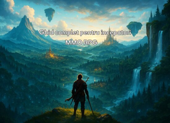 Un erou RPG singuratic stă pe un deal, privind către o lume fantastică vastă, cu orașe strălucitoare, păduri magice, cascade, munți impunători și insule plutitoare.