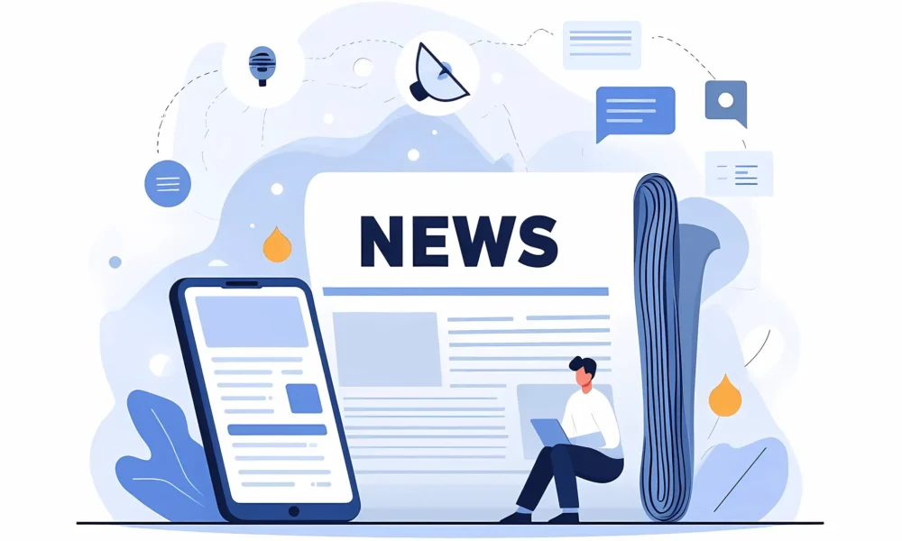 Ilustratie a unei persoane care citeste de pe un laptop langa un ziar mare intitulat „Stiri”. Un smartphone afiseaza text. Pictogramele sugereaza comunicare digitala.