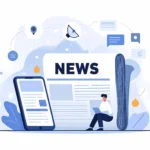 Ilustratie a unei persoane care citeste de pe un laptop langa un ziar mare intitulat „Stiri”. Un smartphone afiseaza text. Pictogramele sugereaza comunicare digitala.