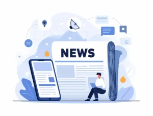 Ilustratie a unei persoane care citeste de pe un laptop langa un ziar mare intitulat „Stiri”. Un smartphone afiseaza text. Pictogramele sugereaza comunicare digitala.