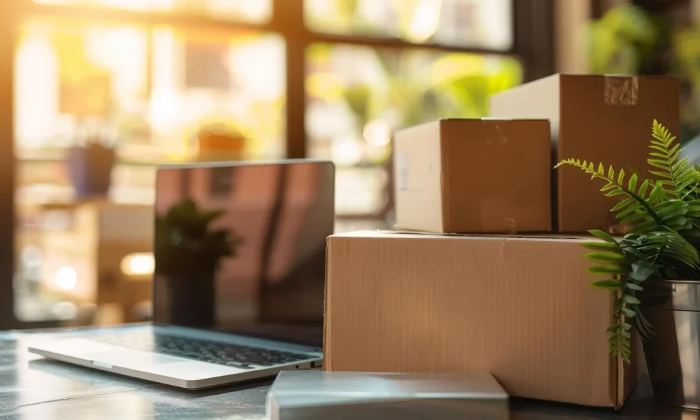 Un laptop asezat pe un birou si cutii de produse asezate una peste alta