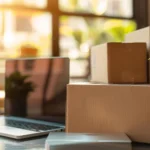 Un laptop asezat pe un birou si cutii de produse asezate una peste alta