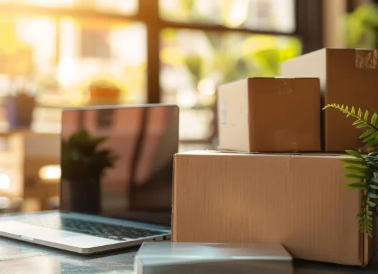 Un laptop asezat pe un birou si cutii de produse asezate una peste alta