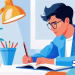 Ilustratie a unei persoane concentrate, purtand ochelari, care studiaza la un birou si scrie intr-o carte. O lampa luminoasa, o planta si cateva carti stivuite creeaza o atmosfera de studiu.