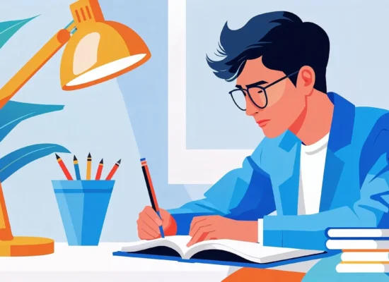 Ilustratie a unei persoane concentrate, purtand ochelari, care studiaza la un birou si scrie intr-o carte. O lampa luminoasa, o planta si cateva carti stivuite creeaza o atmosfera de studiu.