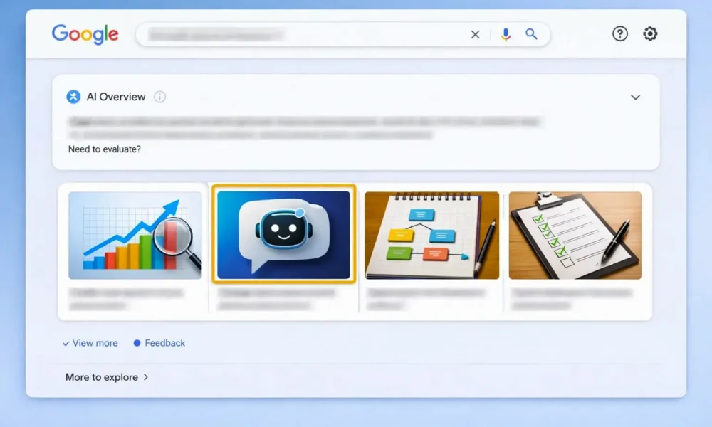 Screenshot Google AI Overviews cu rezultate de căutare pentru optimizare AI, afișând 4 articole relevante cu miniaturi grafice distincte și evidențiere vizuală pe al doilea rezultat
