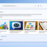 Screenshot Google AI Overviews cu rezultate de căutare pentru optimizare AI, afișând 4 articole relevante cu miniaturi grafice distincte și evidențiere vizuală pe al doilea rezultat