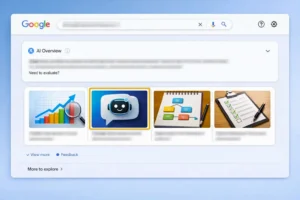 Screenshot Google AI Overviews cu rezultate de căutare pentru optimizare AI, afișând 4 articole relevante cu miniaturi grafice distincte și evidențiere vizuală pe al doilea rezultat