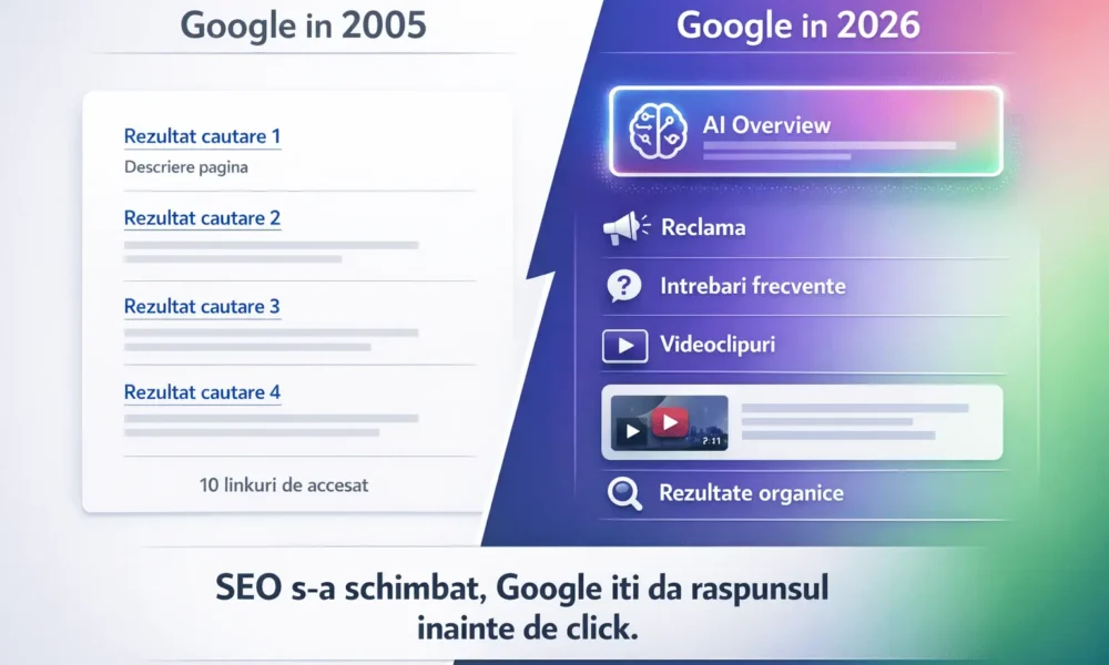 Ce este SERP in SEO si cum iti cresti vizibilitatea in Google Infografic Google SERP 2005 vs 2026: impactul AI asupra SEO si traficului organic