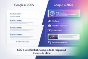 Ce este SERP in SEO si cum iti cresti vizibilitatea in Google Infografic Google SERP 2005 vs 2026: impactul AI asupra SEO si traficului organic