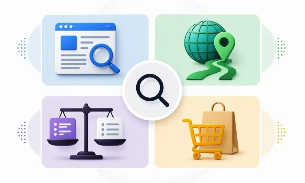 Ilustratie cu cele patru tipuri de intentie de cautare: informare, navigare, comparatie si cumparare