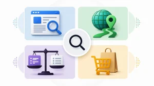 Ilustratie cu cele patru tipuri de intentie de cautare: informare, navigare, comparatie si cumparare