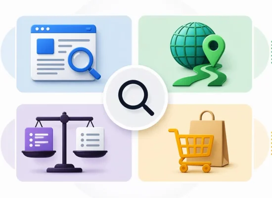 Ilustratie cu cele patru tipuri de intentie de cautare: informare, navigare, comparatie si cumparare