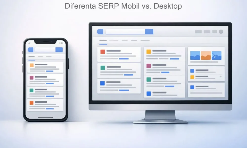 Diferenta SERP Mobil vs. Desktop Comparatie intre afisarea rezultatelor pe mobil si desktop