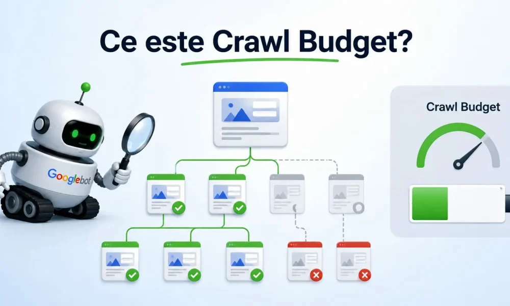 Ilustratie explicativa Ce este Crawl Budget, cu Googlebot care analizeaza structura unui site si pagini indexate sau ignorate