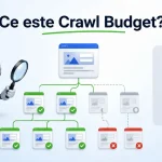 Ilustratie explicativa Ce este Crawl Budget, cu Googlebot care analizeaza structura unui site si pagini indexate sau ignorate