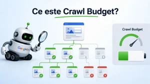 Ilustratie explicativa Ce este Crawl Budget, cu Googlebot care analizeaza structura unui site si pagini indexate sau ignorate