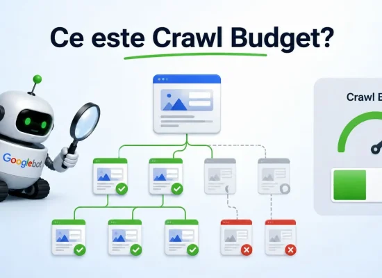 Ilustratie explicativa Ce este Crawl Budget, cu Googlebot care analizeaza structura unui site si pagini indexate sau ignorate
