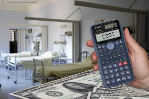 Mana care tine un calculator pe care scrie "COST", suprapus peste bancnote de dolari si un salon de spital in fundal, simbolizand cheltuielile medicale.