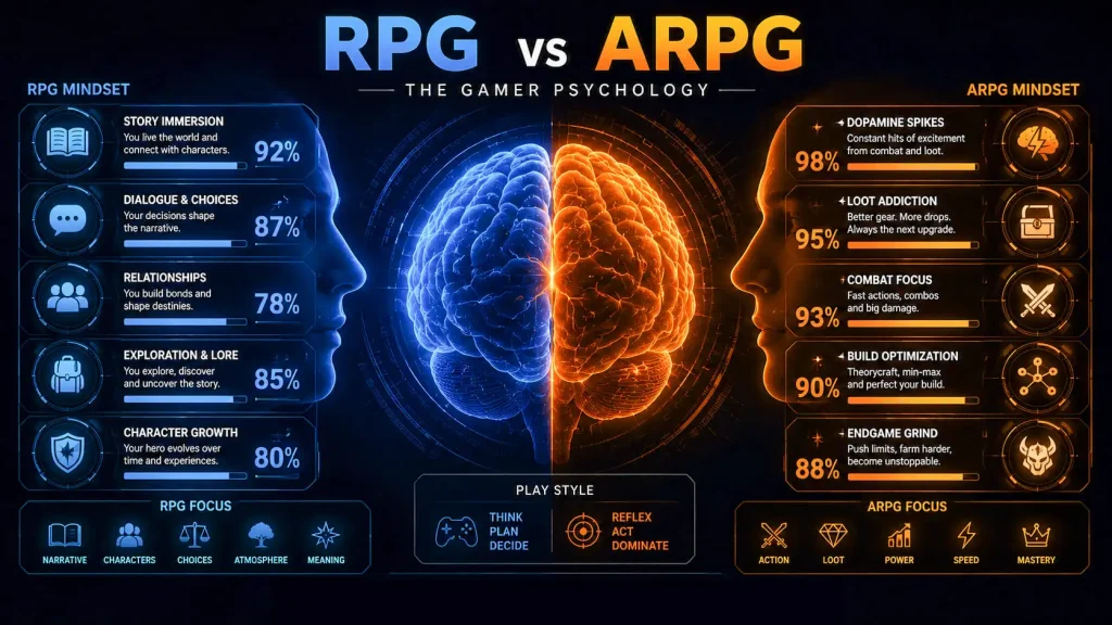 RPG vs ARPG: Care este diferenta reala dintre ele in jocurile video? Infografic comparativ numit „RPG vs ARPG: The Gamer Psychology” care arata diferentele mentale si de stil de joc dintre jucatorii de RPG clasic si ARPG. In stanga (albastru) este ilustrat profilul RPG orientat spre poveste, alegeri si explorare. In dreapta (portocaliu) este ilustrat profilul ARPG axat pe actiune rapida, loot, optimizare de build-uri si combat. In centru apare o diagrama a creierului impartita in doua culori.