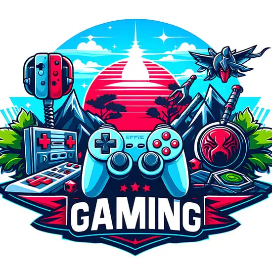 Blog de gaming Romania. Logo de gaming în stil ilustrație vectorială cu gamepad modern, consolă retro și elemente grafice futuriste pe fundal alb.