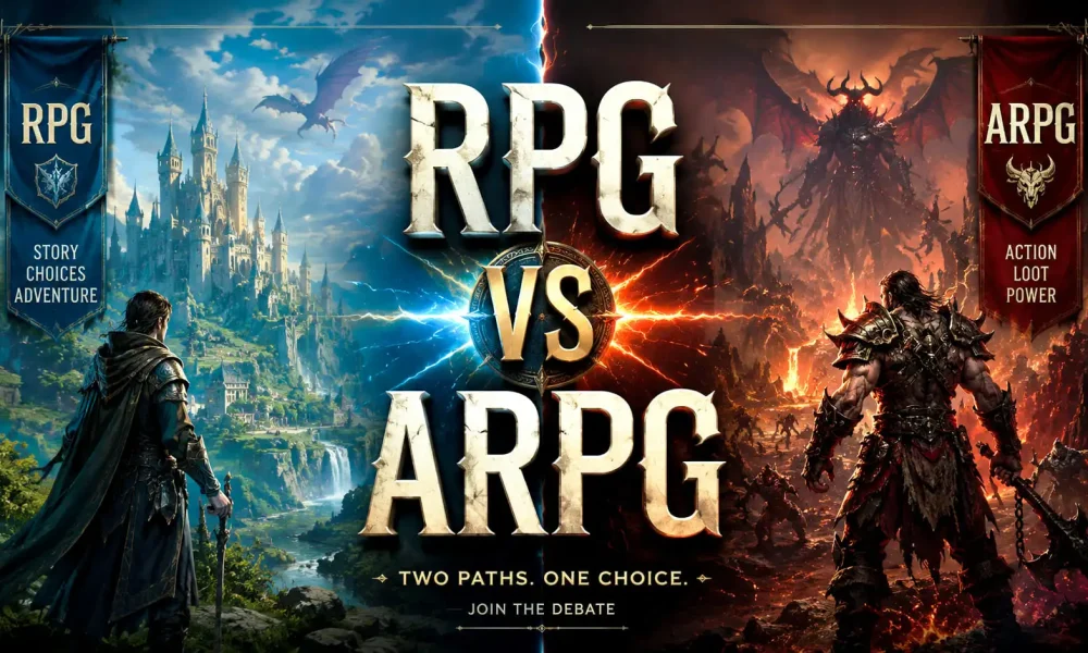 magine de tip splitscreen 16:9 comparând genurile de jocuri RPG și ARPG, cu un castel fantastic pe fundal albastru în stânga și o zonă demonică în flăcări în dreapta, având textul central RPG VS ARPG.