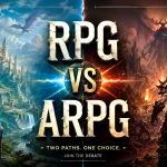 magine de tip splitscreen 16:9 comparând genurile de jocuri RPG și ARPG, cu un castel fantastic pe fundal albastru în stânga și o zonă demonică în flăcări în dreapta, având textul central RPG VS ARPG.