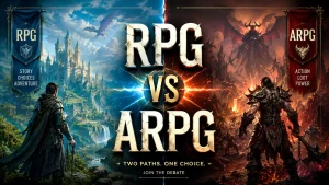 magine de tip splitscreen 16:9 comparând genurile de jocuri RPG și ARPG, cu un castel fantastic pe fundal albastru în stânga și o zonă demonică în flăcări în dreapta, având textul central RPG VS ARPG.