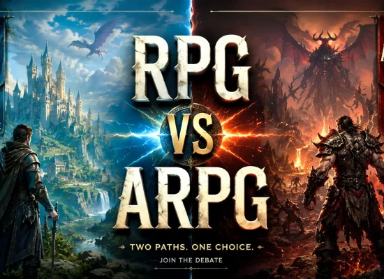magine de tip splitscreen 16:9 comparând genurile de jocuri RPG și ARPG, cu un castel fantastic pe fundal albastru în stânga și o zonă demonică în flăcări în dreapta, având textul central RPG VS ARPG.