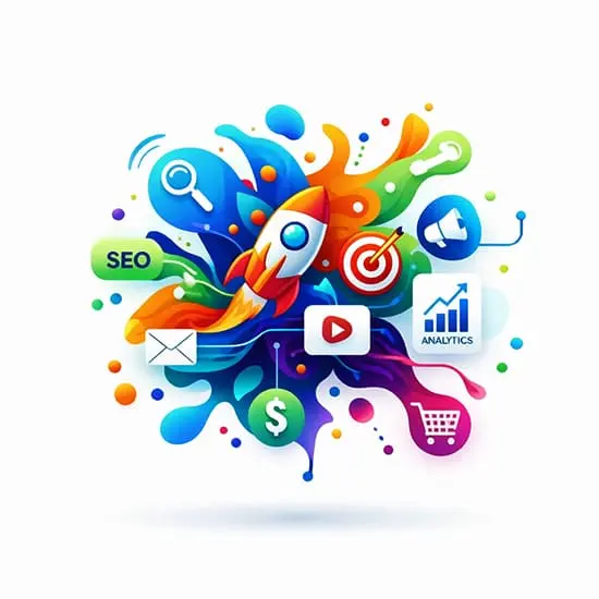 SEO Blog Romania. Ilustratie conceptuala de digital marketing cu o racheta care decoleaza, inconjurata de pictograme pentru SEO, analytics, e-commerce si social media.