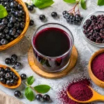 Flat lay cu fructe proaspete de aronia, suc de aronia, fructe uscate și pudră de aronia, prezentând principalele forme de consum.