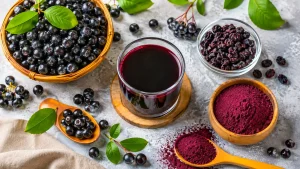 Flat lay cu fructe proaspete de aronia, suc de aronia, fructe uscate și pudră de aronia, prezentând principalele forme de consum.