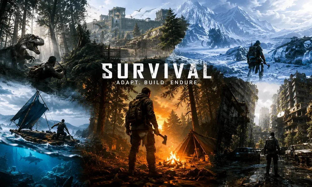 Colaj cinematic cu scene din jocuri survival: un supraviețuitor lângă un foc de tabără, păduri întunecate, munți înghețați, ocean și un oraș post-apocaliptic, ilustrând explorarea, construcția și supraviețuirea în cele mai bune jocuri survival.