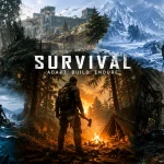 Colaj cinematic cu scene din jocuri survival: un supraviețuitor lângă un foc de tabără, păduri întunecate, munți înghețați, ocean și un oraș post-apocaliptic, ilustrând explorarea, construcția și supraviețuirea în cele mai bune jocuri survival.