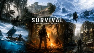 Colaj cinematic cu scene din jocuri survival: un supraviețuitor lângă un foc de tabără, păduri întunecate, munți înghețați, ocean și un oraș post-apocaliptic, ilustrând explorarea, construcția și supraviețuirea în cele mai bune jocuri survival.