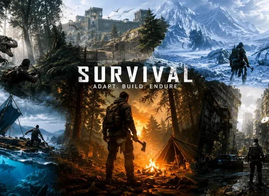 Colaj cinematic cu scene din jocuri survival: un supraviețuitor lângă un foc de tabără, păduri întunecate, munți înghețați, ocean și un oraș post-apocaliptic, ilustrând explorarea, construcția și supraviețuirea în cele mai bune jocuri survival.