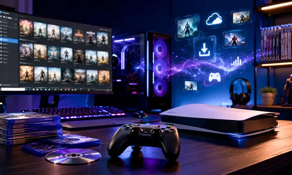 Cele mai bune platforme pentru a cumpăra jocuri video online Birou de gaming cu PC performant, consolă și jocuri pe disc, reprezentând evoluția platformelor digitale pentru jocuri video.